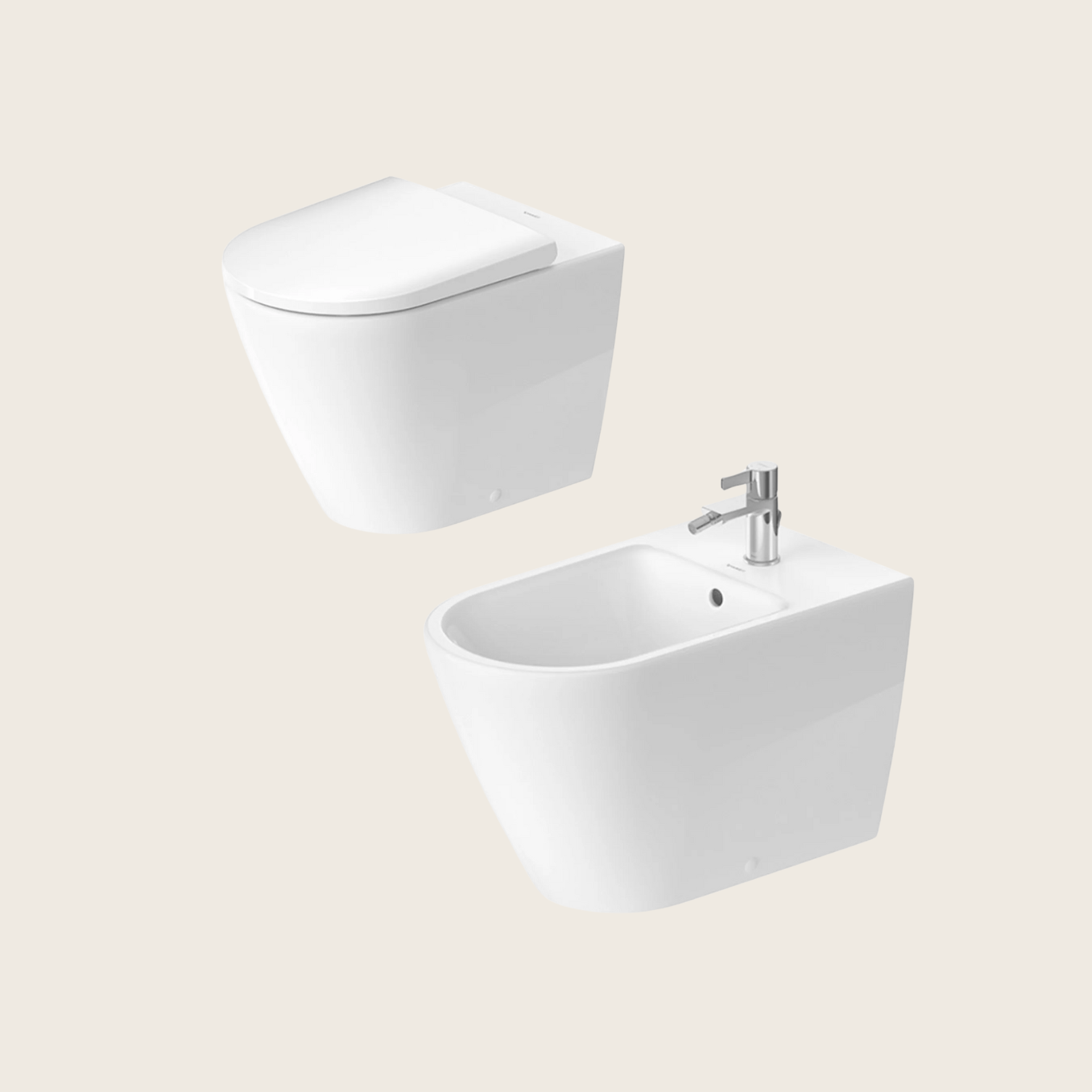 Duravit d-neo coppia sanitari vaso rimless e bidet a ambientato su piano bagno con accessori