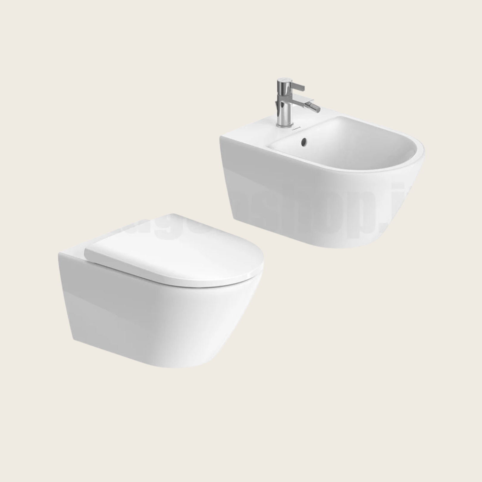 Duravit D-neo coppia Vaso Rimless e Bidet Sospeso Con ambientato su piano bagno con accessori