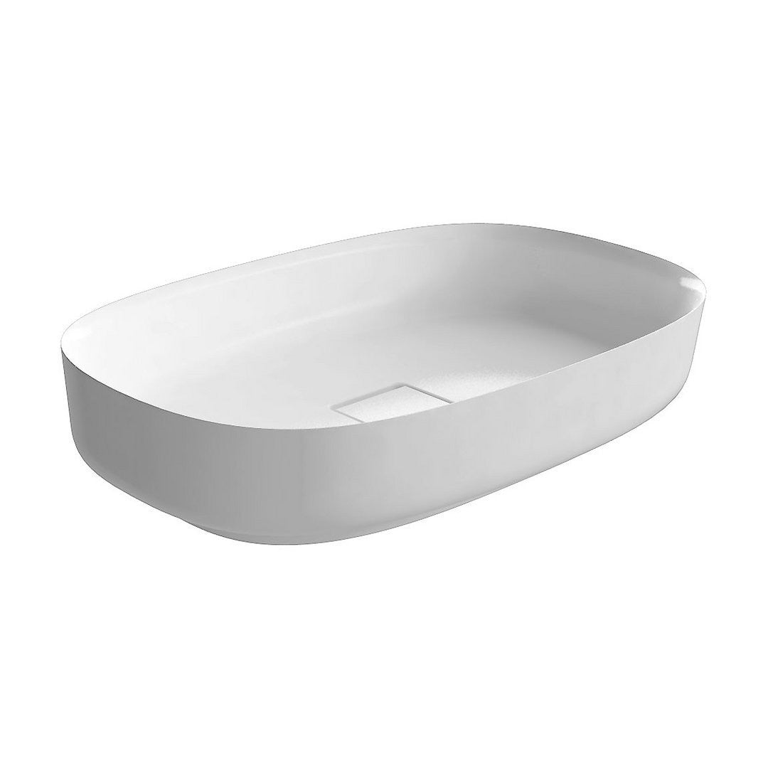 Antonio Lupi Bolomood63 Lavabo 63x40 In Flumood Bianco in lucido e naturale ambientato su piano bagno con accessori...