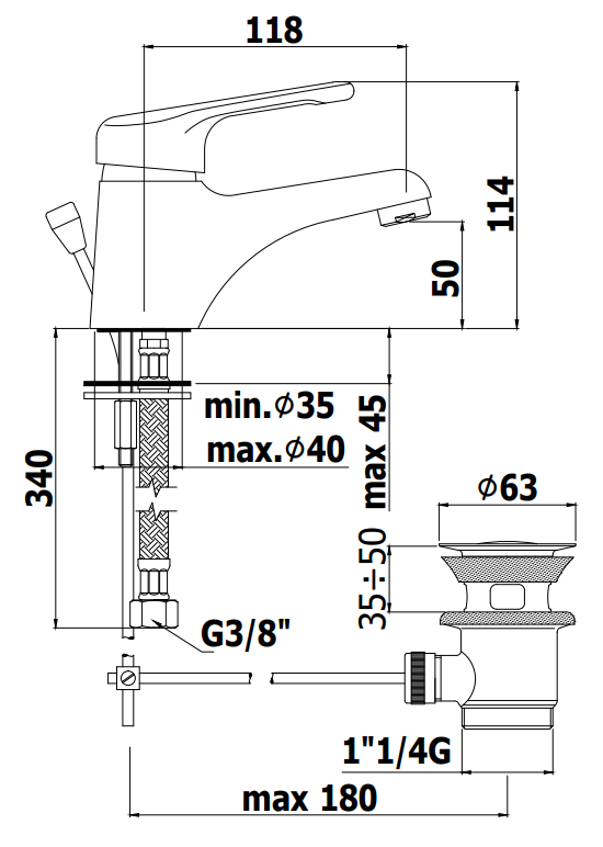 Paffoni Nettuno Nt070 Miscelatore lavabo scarico automatico, vista laterale del profilo e della forma