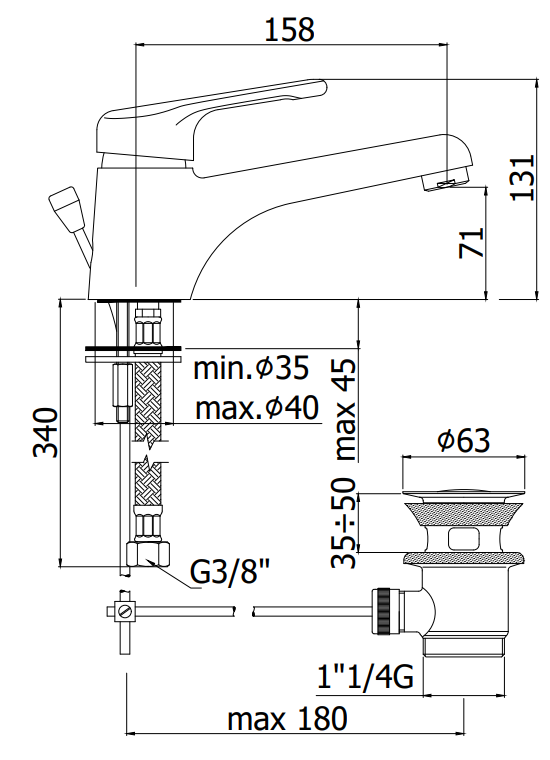 Paffoni Nettuno Nt085 Miscelatore Lavabo Prolungato Scarico, vista laterale del profilo e della forma