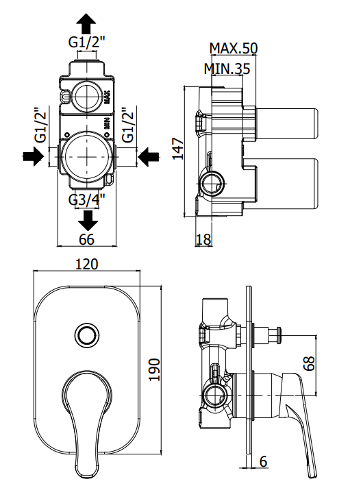 Paffoni Nettuno Nt015 Miscelatore doccia ad Incasso con, componenti inclusi smontati: corpo incasso, placca e rosone