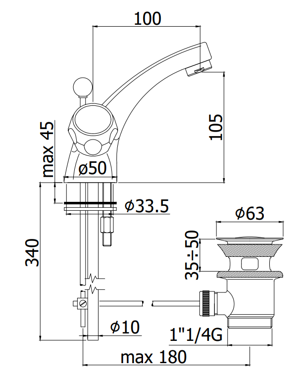 Paffoni Danubio Da070 Gruppo Lavabo Con Scarico Automatico, vista laterale del profilo e della forma
