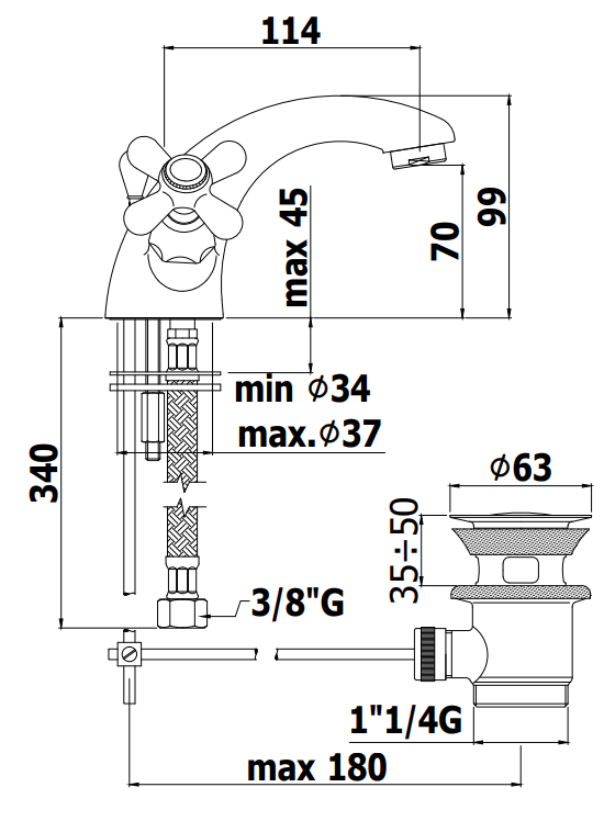 Paffoni Iris Irv075 Gruppo Lavabo scarico automatico senza, vista laterale del profilo e della forma