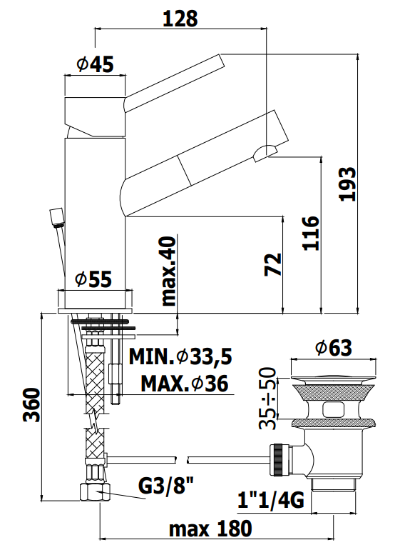 Paffoni Birillo Bi075 Miscelatore lavabo Scarico Automatico, vista laterale del profilo e della forma