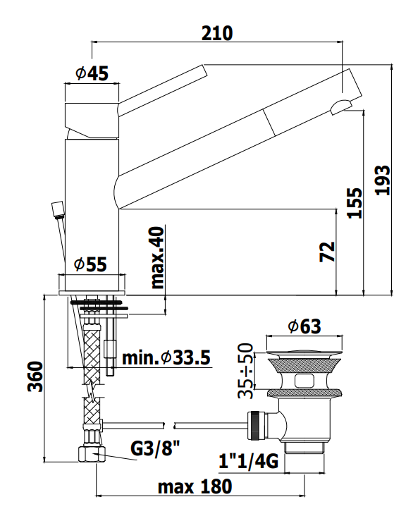 Paffoni Birillo Bi085 Miscelatore lavabo prolungato Scarico, vista laterale del profilo e della forma