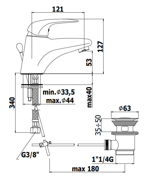 Paffoni Duemila Du070 Miscelatore lavabo scarico automatico, vista frontale su sfondo bianco