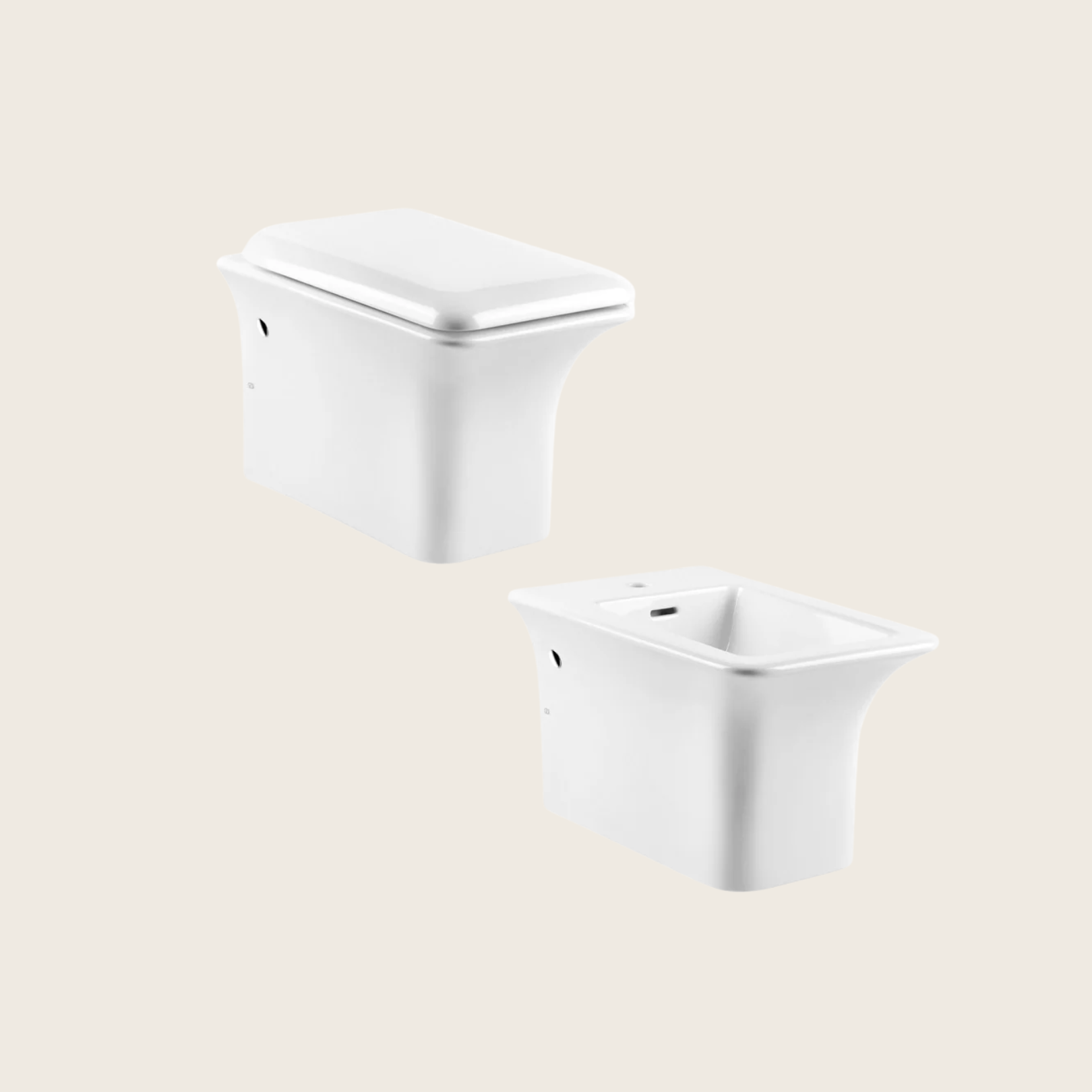 Coppia sanitari sospesi Vaso e Bidet con Coprivaso, vista frontale su sfondo bianco