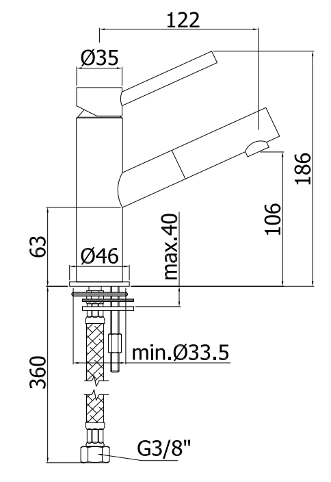 Paffoni Microm Mi071 Miscelatore lavabo Senza Scarico Cromo, vista laterale del profilo e della forma