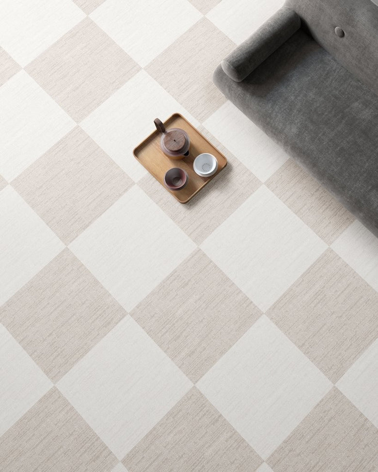 Pavimento rivestimento 90x90 Effetto Tessuto in gres posata in ambiente arredato, dettaglio della venatura