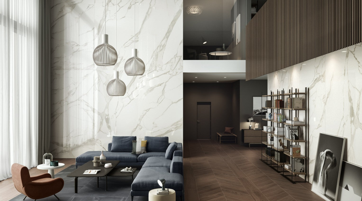 Caesar Ceramiche Anima Calacatta 60x120 Lappato posata in ambiente arredato, dettaglio della venatura - Ceramiche Caesar