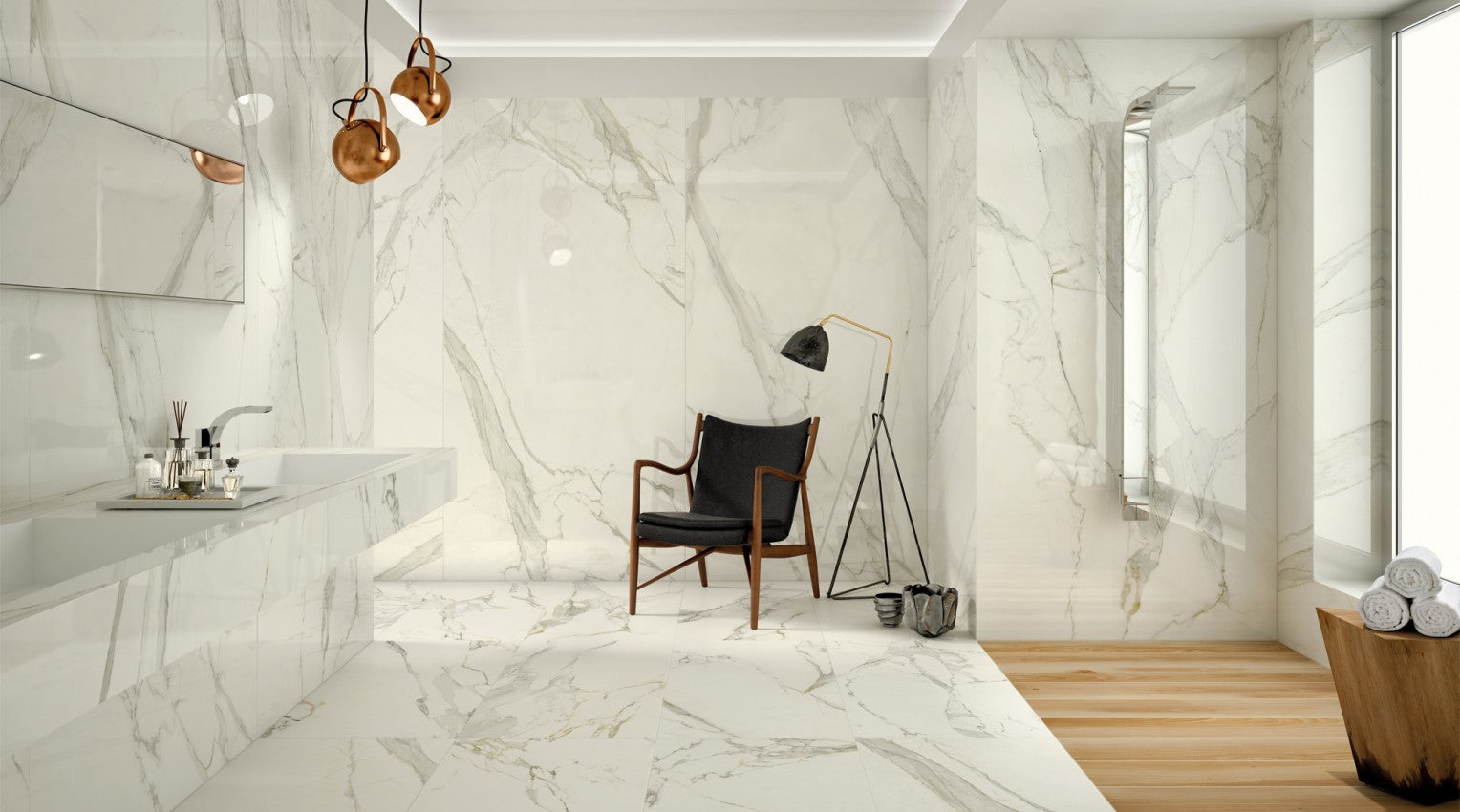 Caesar Ceramiche Anima Calacatta 60x120 Lappato in ambientazione completa, vista d'insieme della stanza - Ceramiche Caesar