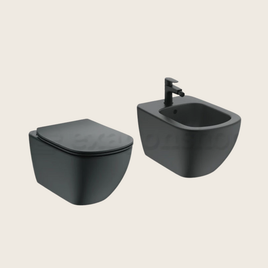 Ideal Standard Tesi coppia sanitari sospesi Vaso Acquablade e bidet sospeso e Sedile Slim Rallentato Nero opaco