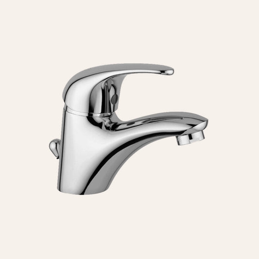 Paffoni Nettuno Due Nd075 Miscelatore lavabo scarico ambientato su piano bagno con accessori