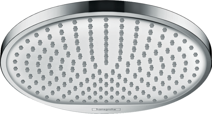 Soffione doccia tondo Ecosmart 1 jet Cromo Hansgrohe, vista frontale della maniglia e della bocca di erogazione