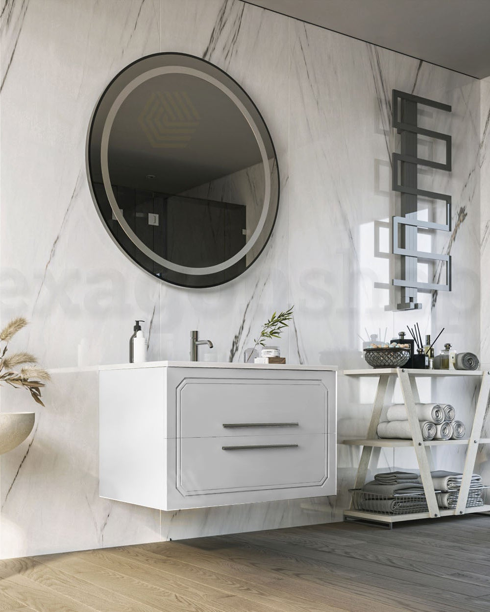 Mobile bagno bianco lucido 80x46 Vienna con lavabo in, vista laterale della struttura sospesa - Exagonshop