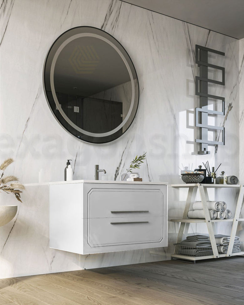 Mobile bagno bianco lucido 80x46 Vienna con lavabo in, vista laterale della struttura sospesa - Exagonshop