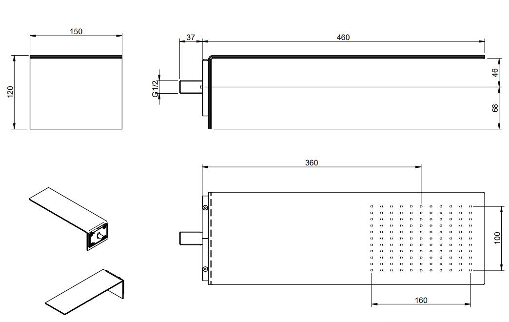 Treemme 3.6 RWIT2847IS01 soffione slim a parete 46x15 in, vista laterale del profilo - Rubinetterie Treemme