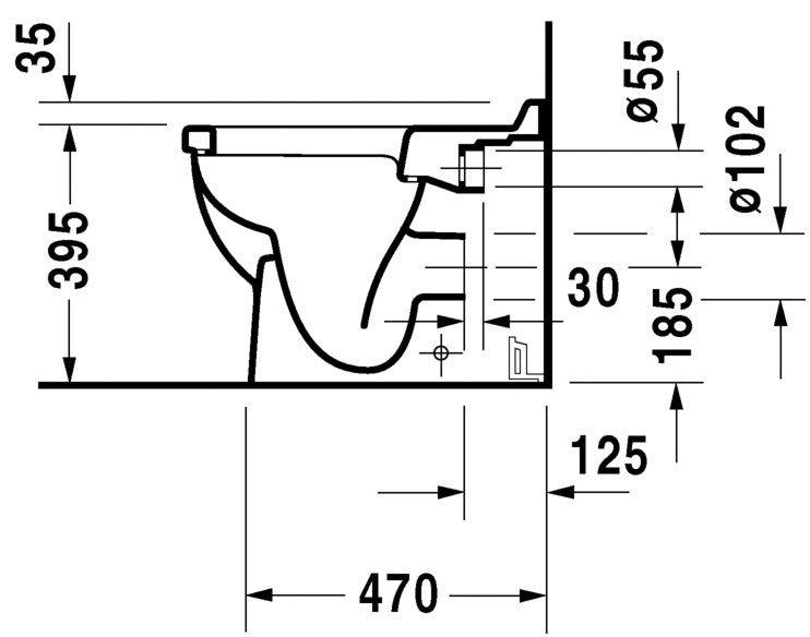 Vaso a pavimento scarico orizzontale 36x56 Bianco Starck 3, vista laterale del profilo e della forma