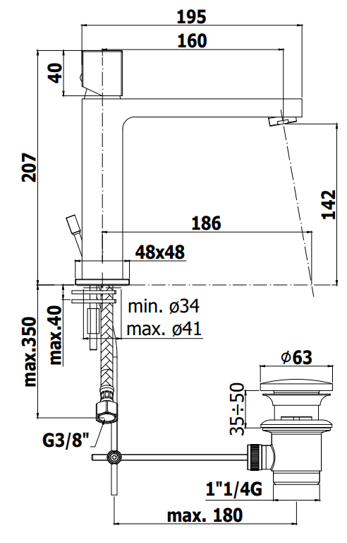 Paffoni Elle Elx073 Miscelatore Lavabo Medio Scarico, vista laterale del profilo e della forma