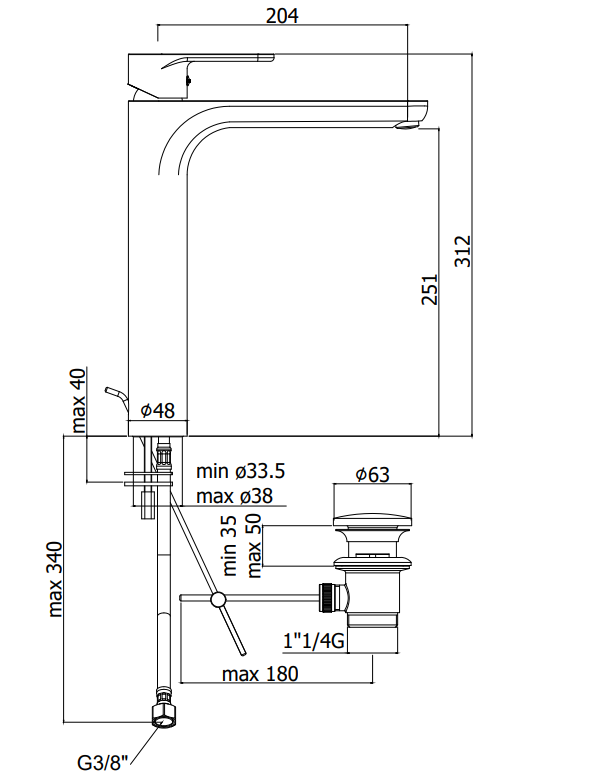 Paffoni Green Gr085 Miscelatore Lavabo Alto con scarico, vista laterale del profilo e della forma