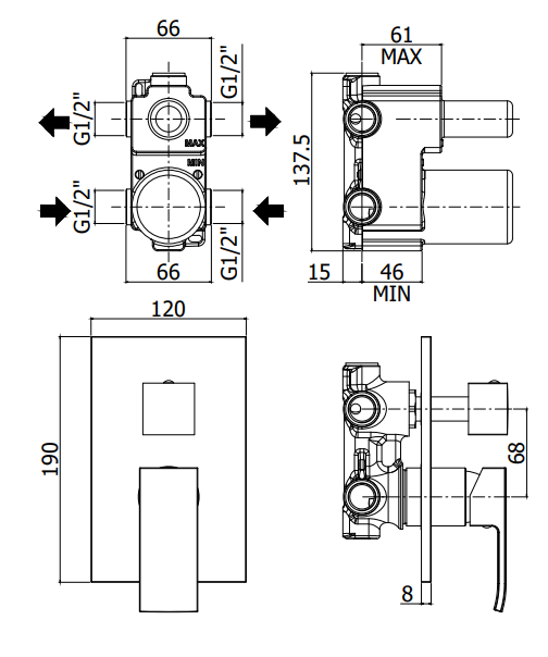 Paffoni Level Lea018 Miscelatore Incasso Doccia 2 Utenze, componenti inclusi smontati: corpo incasso, placca e rosone