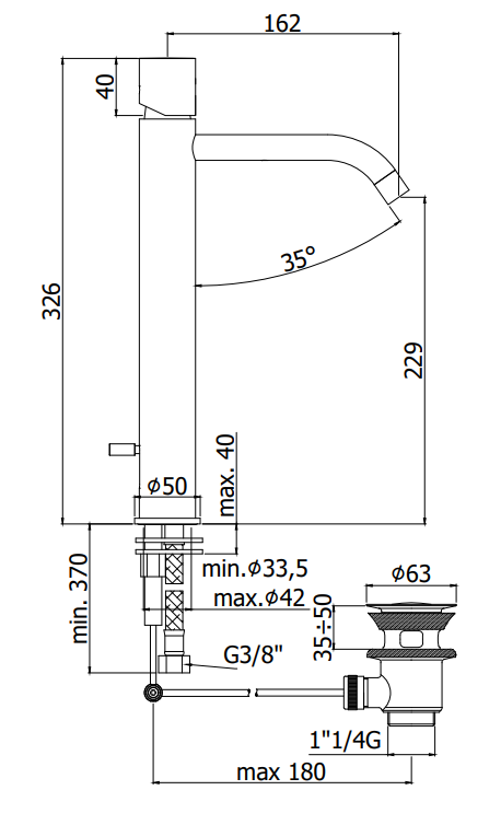 Paffoni Light Ligx081 Miscelatore Lavabo Alto per ciotola, vista laterale del profilo e della forma