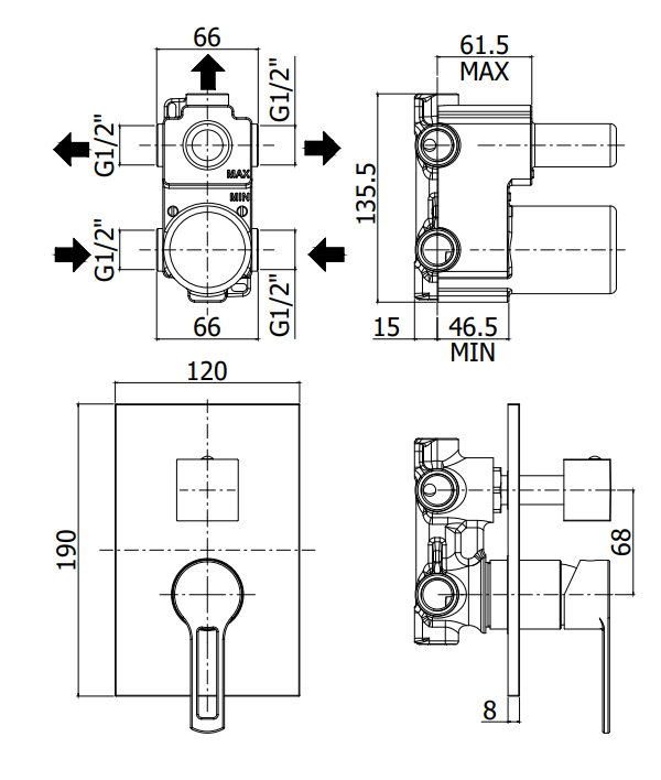 Paffoni Ringo Rin018 Miscelatore doccia quadro ad Incasso, componenti inclusi smontati: corpo incasso, placca e rosone