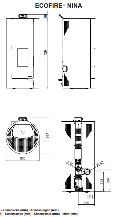 Schema tecnico di installazione di Palazzetti Nina 8 Stufa A Pellet Ecofire ad Aria con porta con canna fumaria
