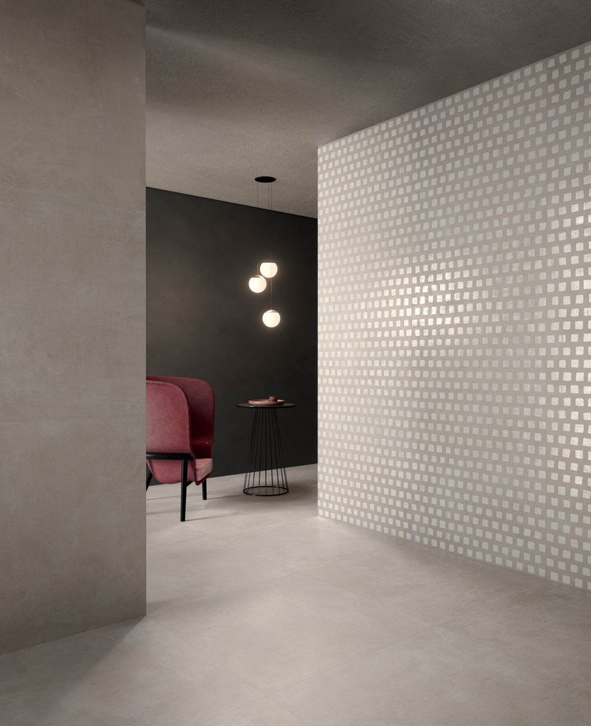 Pavimento Rivestimento 90x90 Cm Effetto Cemento E Marmo in ambientazione completa, vista d'insieme della stanza