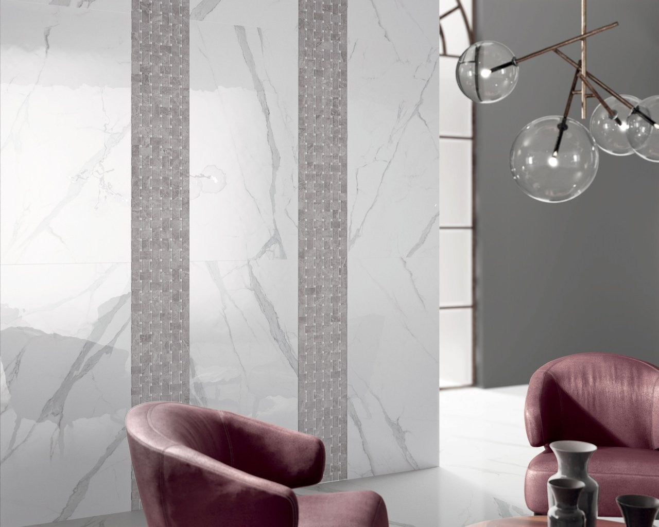Pavimento Rivestimento 120x120 Cm Effetto Marmo Statuario Statuario Venato Kry posata in ambiente arredato, dettaglio...