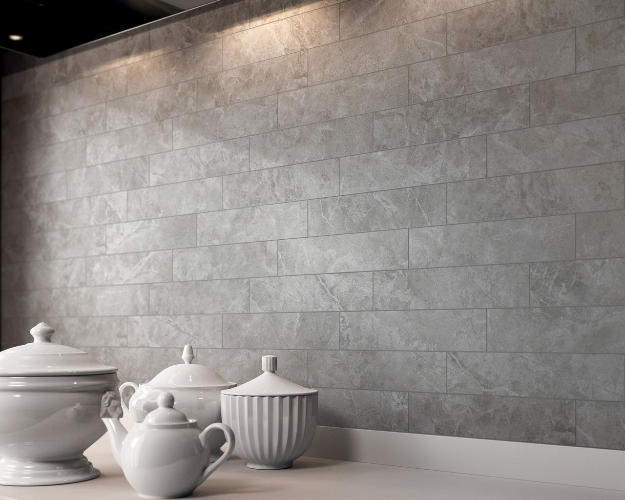 Pavimento Rivestimento 30x60 Cm Effetto Marmo Grigio Savoia in ambientazione completa, vista d'insieme della stanza