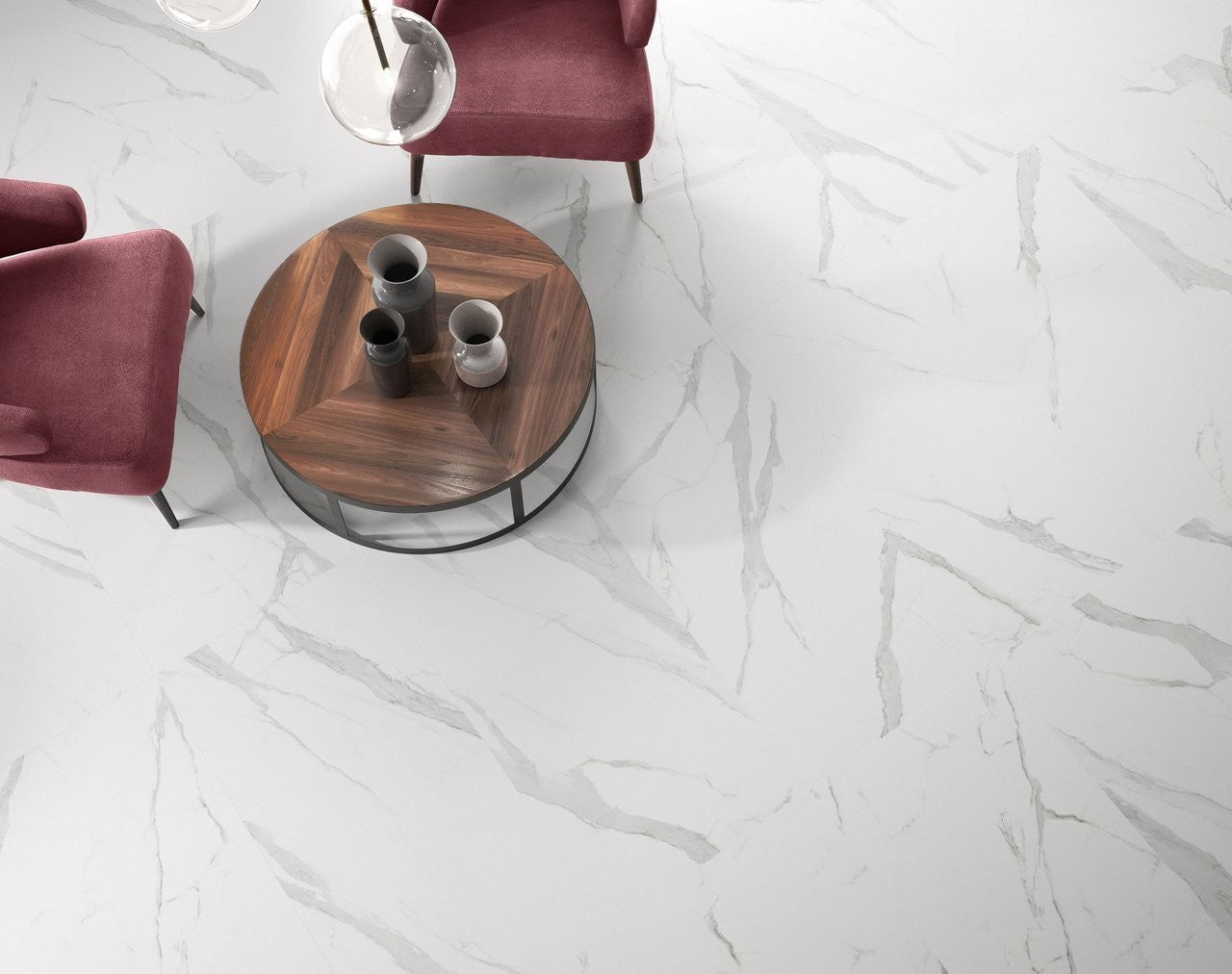 Pavimento Rivestimento 60x120 Cm Effetto Marmo Statuario in ambientazione completa, vista d'insieme della stanza