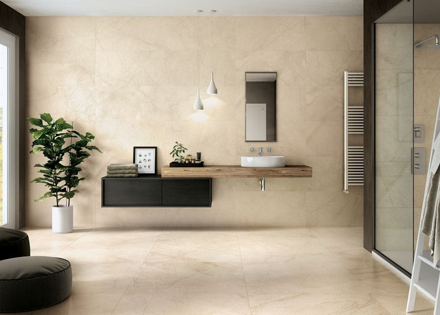 Pavimento Rivestimento 60x60 Effetto Pietra Rettificato 9,5 posata in ambiente arredato, dettaglio della venatura