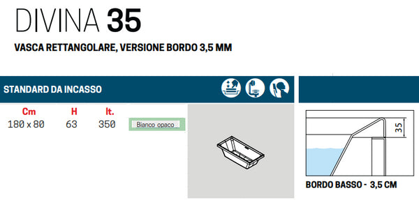 Novellini Divina Vasca 180x80 Incasso Senza Telaio Bianco Morbido