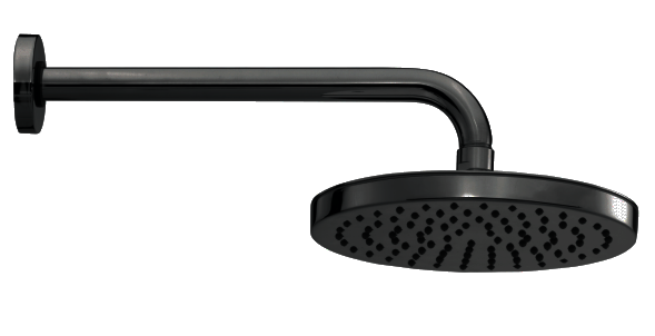 Kit soffione doccia 25 Cm tondo con braccio Nero Opaco, vista frontale della maniglia e della bocca di erogazione