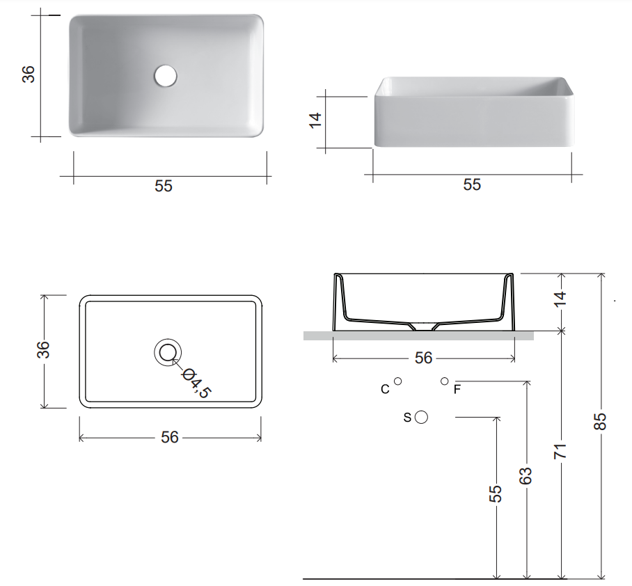 Lavabo 55x36 Rettangolare seconda scelta Basalto Matt ambientato su piano bagno con accessori - Nic Design