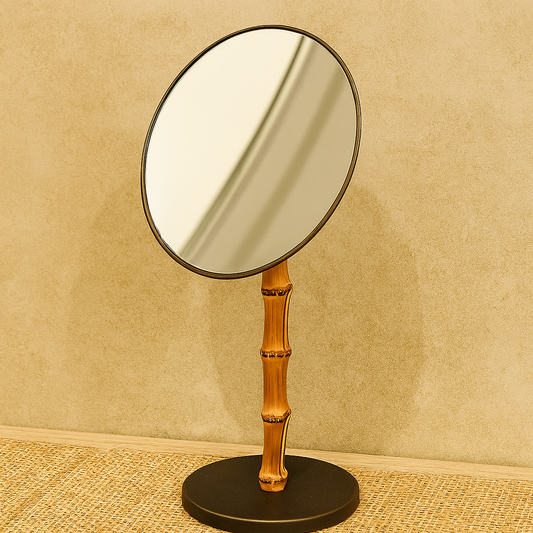 Specchio Da Appoggio Diametro 21 Cm Industrial Bronze Con Supporto In Bamboo Guccio Bertocci