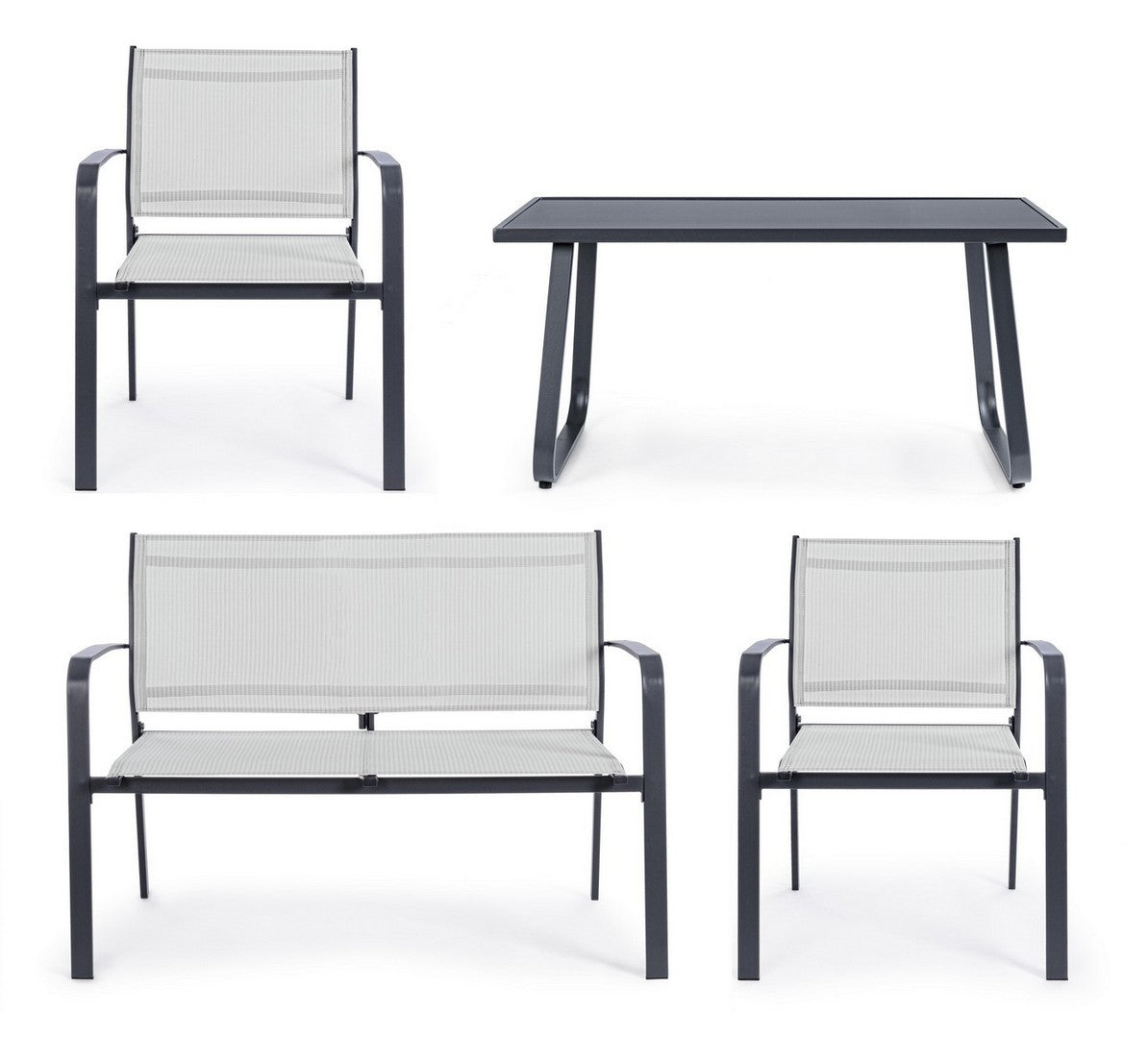 Andrea Bizzotto Arent salotto da Giardino Bianco Antracite Bianco Grigio ambientato in spazio living con arredi coordinati