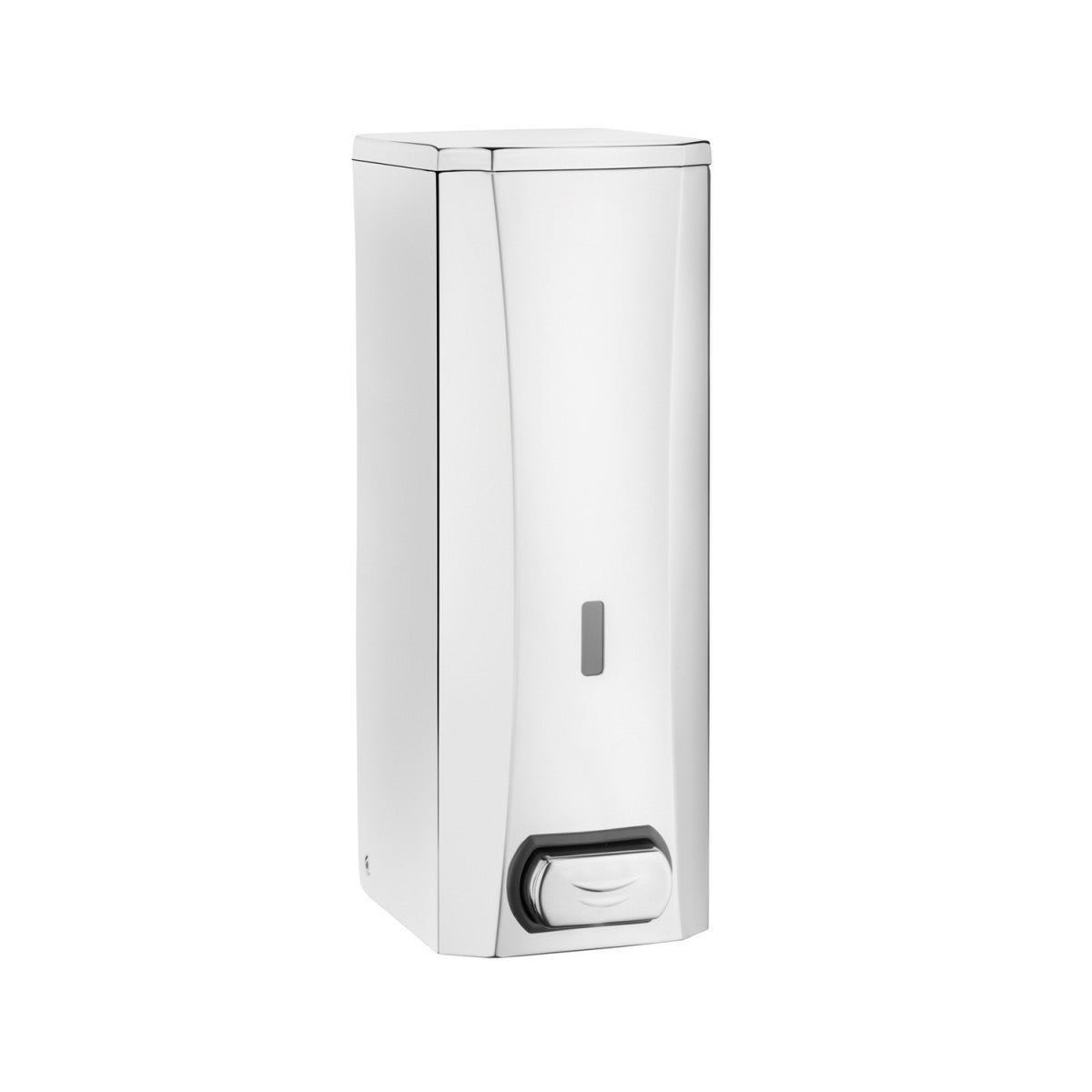 Dispenser sapone liquido a muro con pulsante Inox Lucido montato a parete, vista del design e della finitura - Industrias...