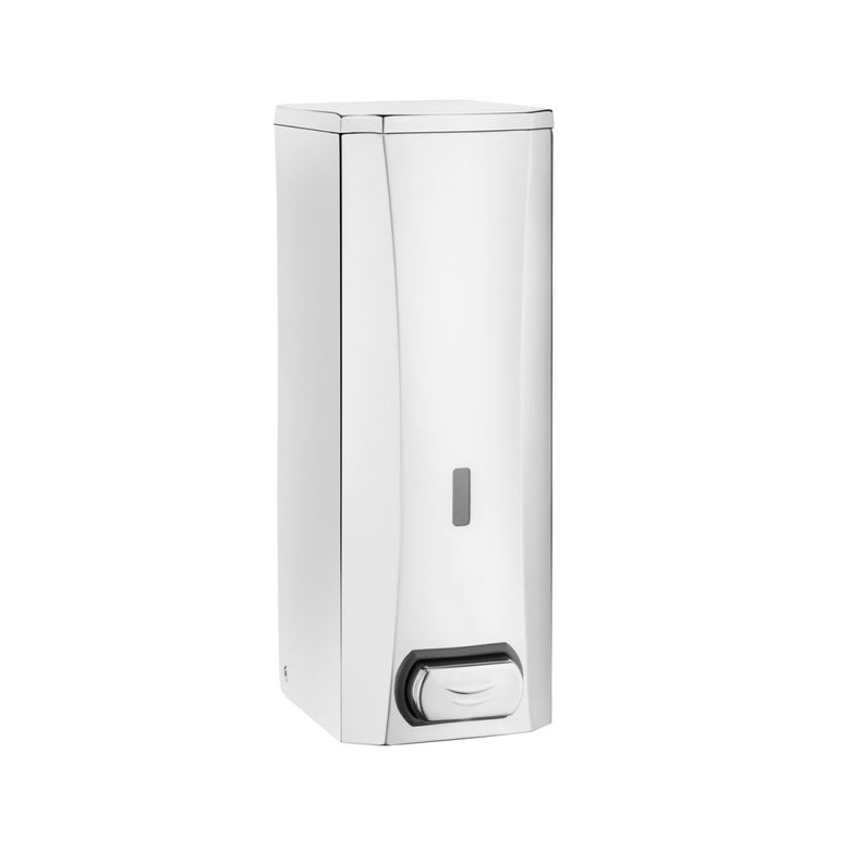 Dispenser sapone liquido a muro con pulsante Inox Lucido montato a parete, vista del design e della finitura - Industrias...