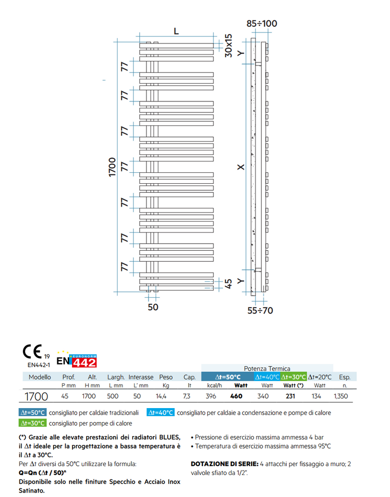 Irsap Blues scaldasalviette 170x50 acqua 460W allacciamento accesa in soggiorno, fiamma visibile attraverso il vetro