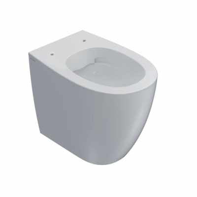 Globo 4all Multi Vaso senza brida filo parete a pavimento in ceramica e opaco ambientato su piano bagno con accessori...
