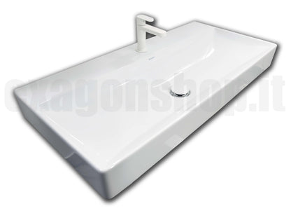 Lavabo 100x47 Rettificato da appoggio monoforo senza troppopieno con piletta e tappo in ceramica bianco Durasquare 2353100071 Duravit