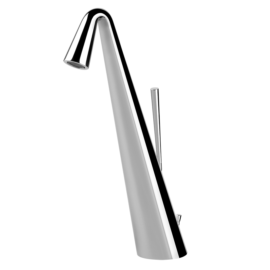 Gessi Cono Miscelatore Monocomando Lavabo Alto con Piletta Cromo Lucido ambientato su piano bagno con accessori