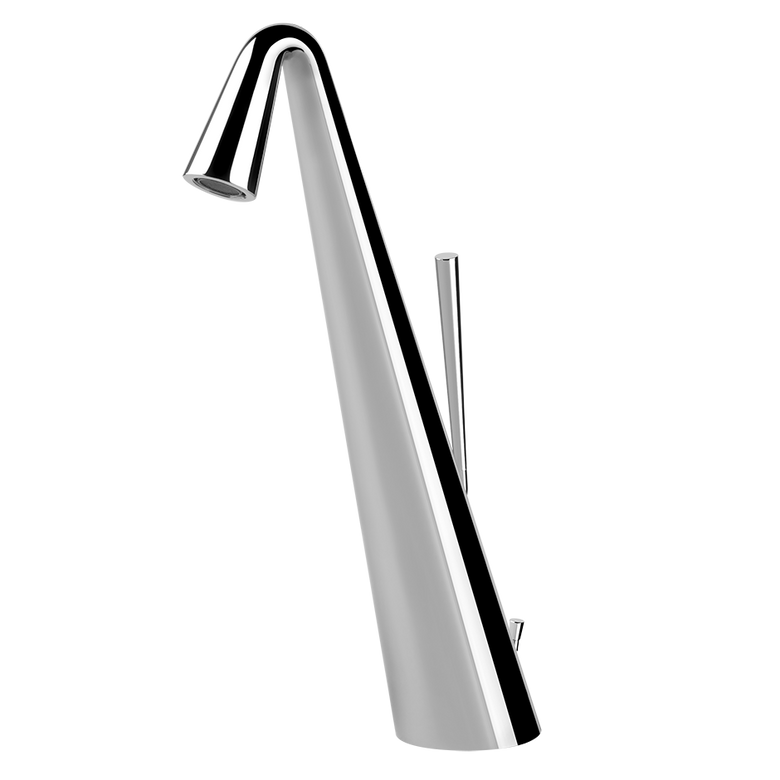 Gessi Cono Miscelatore Monocomando Lavabo Alto con Piletta Cromo Lucido ambientato su piano bagno con accessori