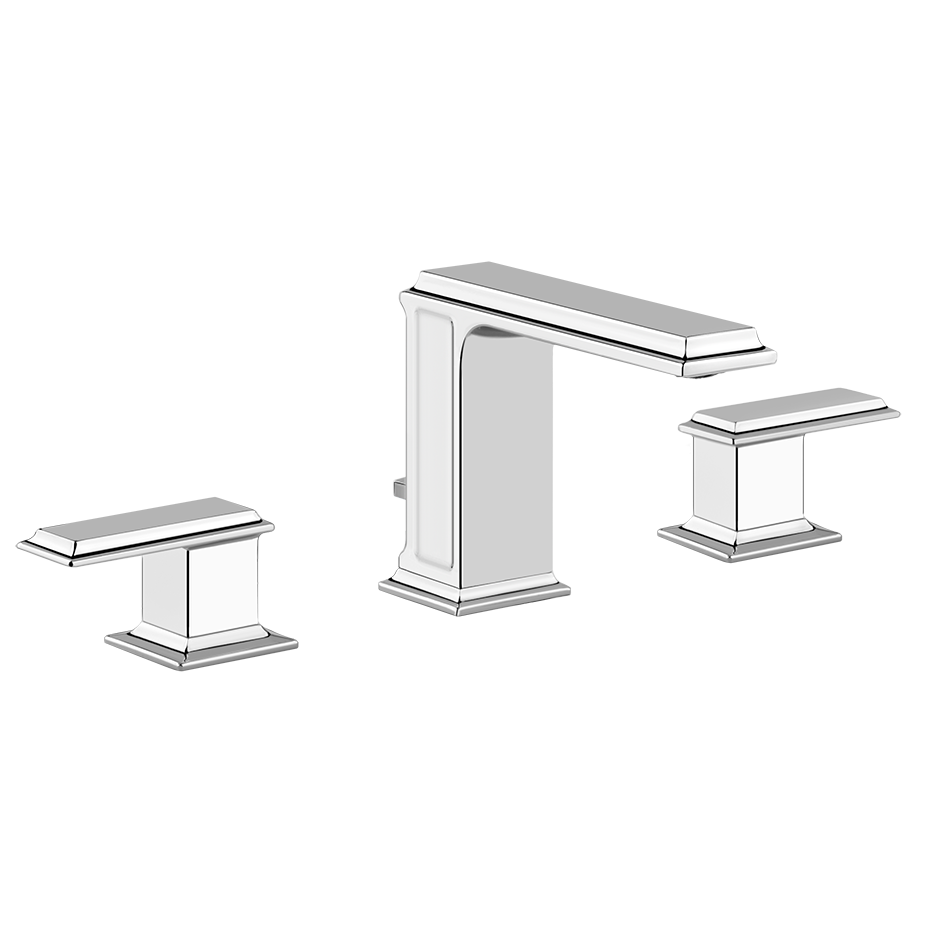 Gessi Elenganza Gruppo Lavabo Tre Fori Con Bocca quadra e Cromo Lucido ambientato su piano bagno con accessori