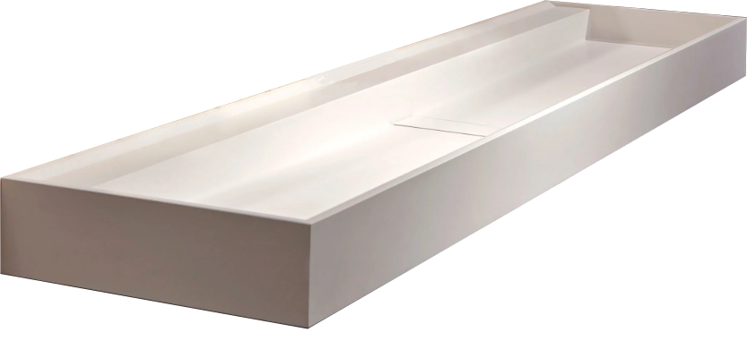 Antonio Lupi Canale161 Lavabo 161x47 In Flumood bianco ambientato su piano bagno con accessori - Antonio Lupi Design