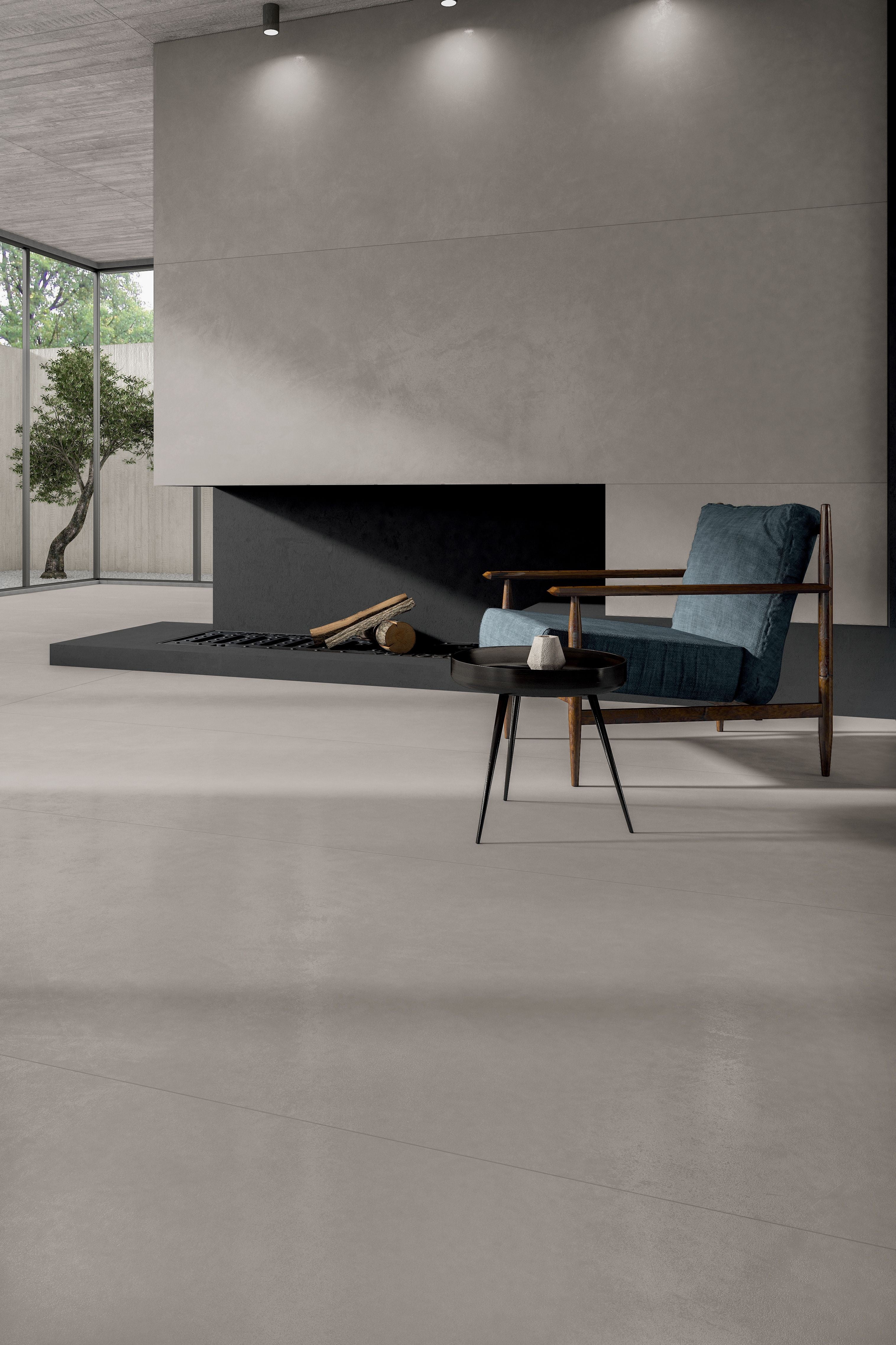 Cotto D'Este Kerlite Cement Project 5 Plus Pavimento posata in ambiente arredato, dettaglio della venatura - Cotto D Este...