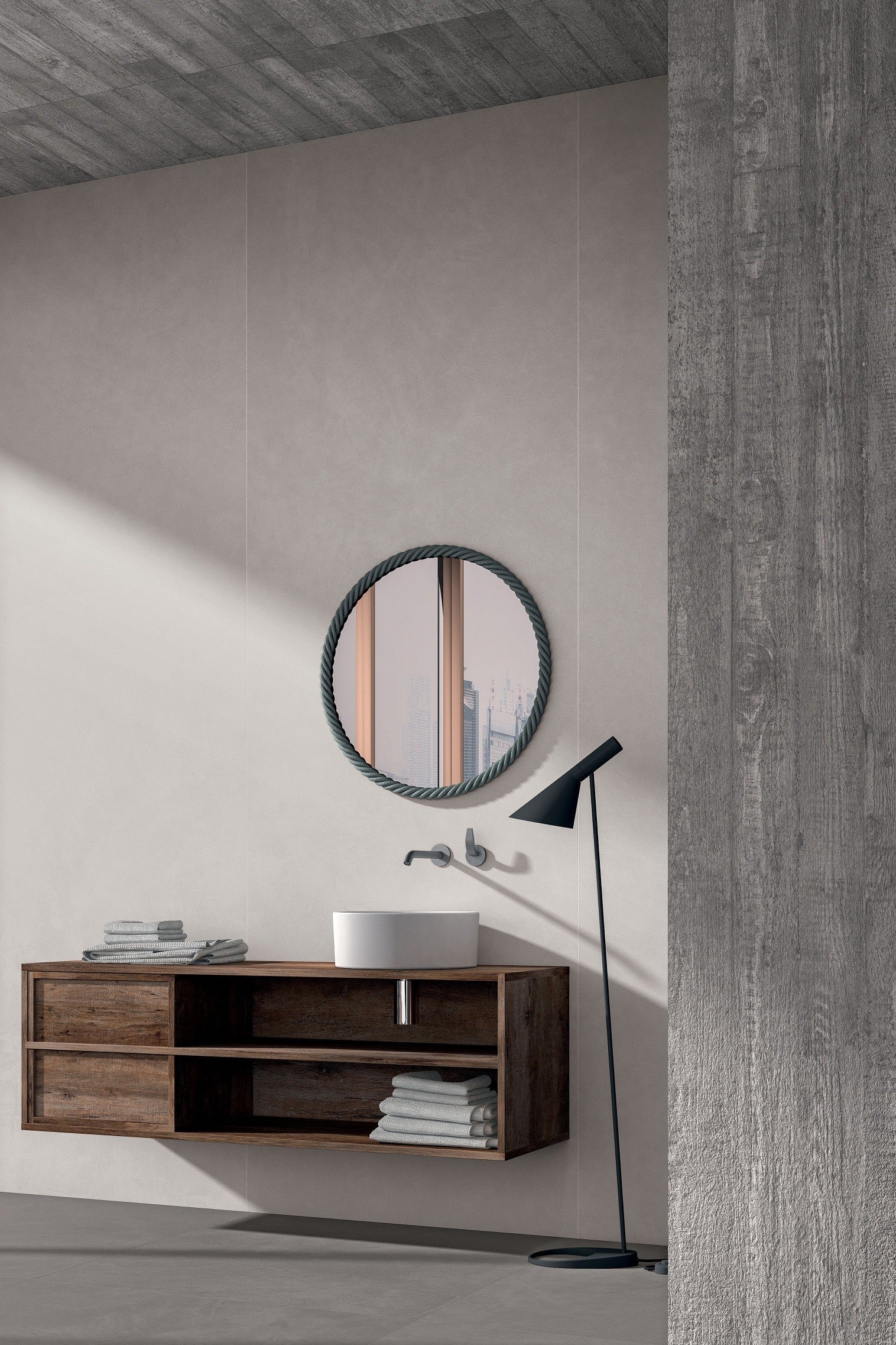 Cotto D'Este Kerlite Cement Project 5 Plus Pavimento posata in ambiente arredato, dettaglio della venatura - Cotto D Este...